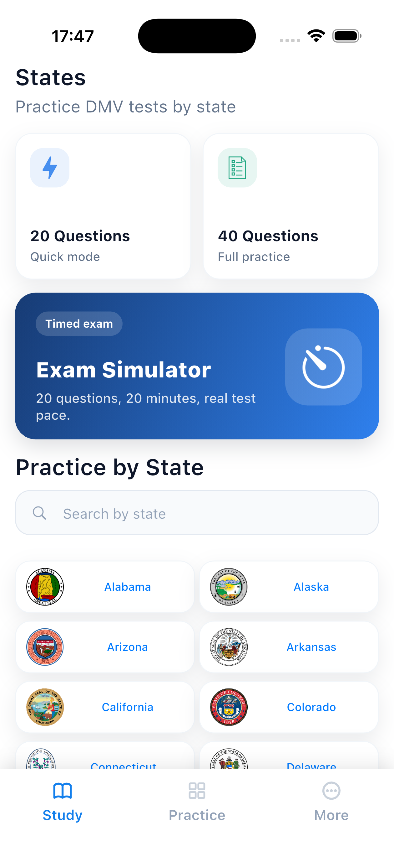 DMV permit test practice app showing state selection for all 50 states